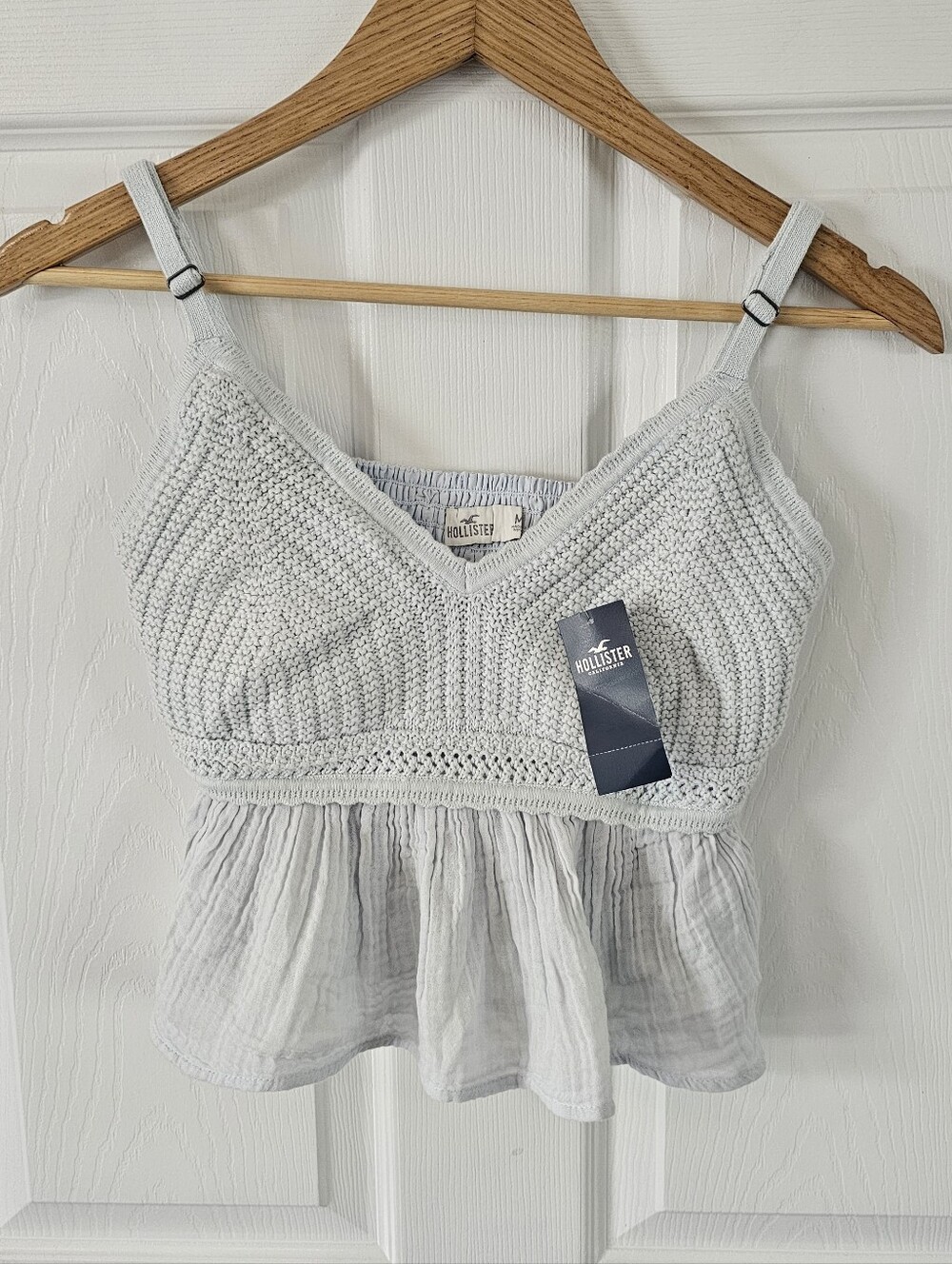 NWT Hollister Crochet Baby Doll Top Light Blue Size M Boho Cottagecore